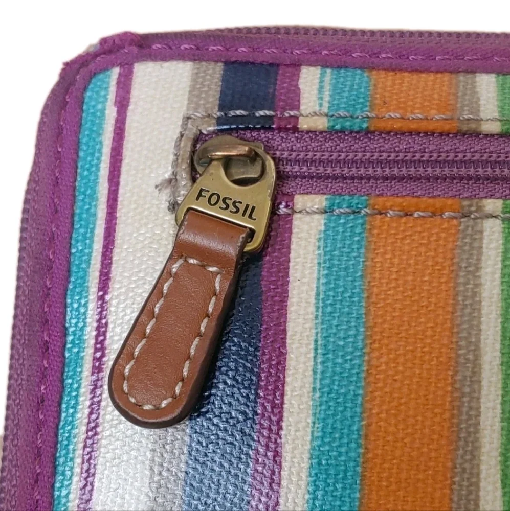 Fossil Key Per Canvas Tote Purse & Wallet Floral Striped Leather Top Handle Bag